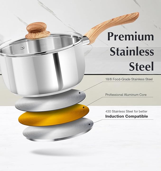 KOCH SYSTEME CS Stainless Steel Saucepan Set 1QT 2QT 3QT, 18/10 Stainless Steel Sauce Pan with Glass Lid, Even Heating Sauce Pot with Wood Grain Stay Cool Handle, Induction Compatible, Dishwasher Safe - Image 3