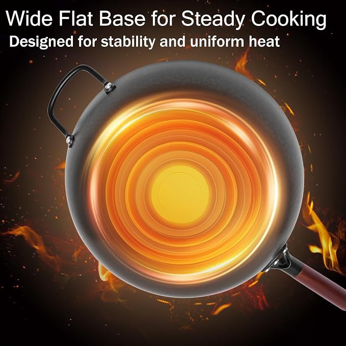 WANGYUANJI Carbon Steel Wok with Lid, 13.4" Hand Hammered Stir Fry Pan with Detachable Wooden Handle, Flat Bottom Wok Pan for Electric, Induction & Gas Stoves, No Coating (Black) - Image 3