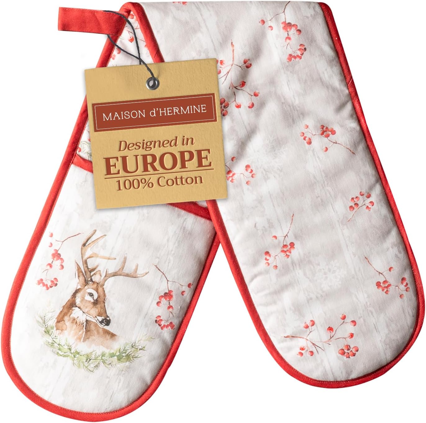 Maison d' Hermine Double Oven Mitt 100% Cotton Heat Resistant Cooking Gloves with Loop, Baking Barbeque, Handling Hot Pan, Mountain Life- Thanksgiving/Christmas (7 Inch x 35 Inch)