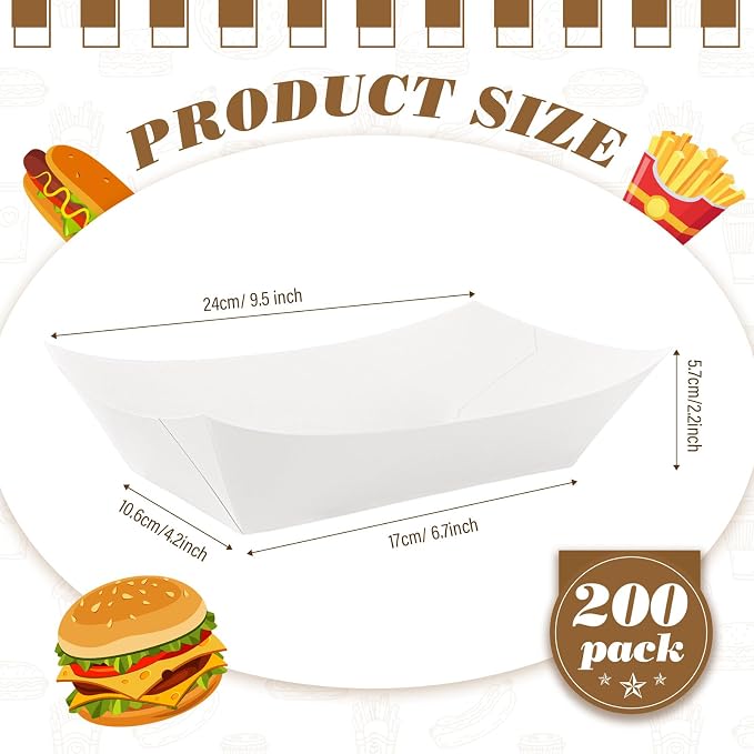 Sherr 200 Pcs 5 lb Kraft Paper Food Trays Boats Bulk, Disposable Nacho Kraft Paper Food Serving Trays Brown for Nachos, Tacos, Fries, Hot Dog, Corn, Bbq, Festivals, Party (White) - Image 2