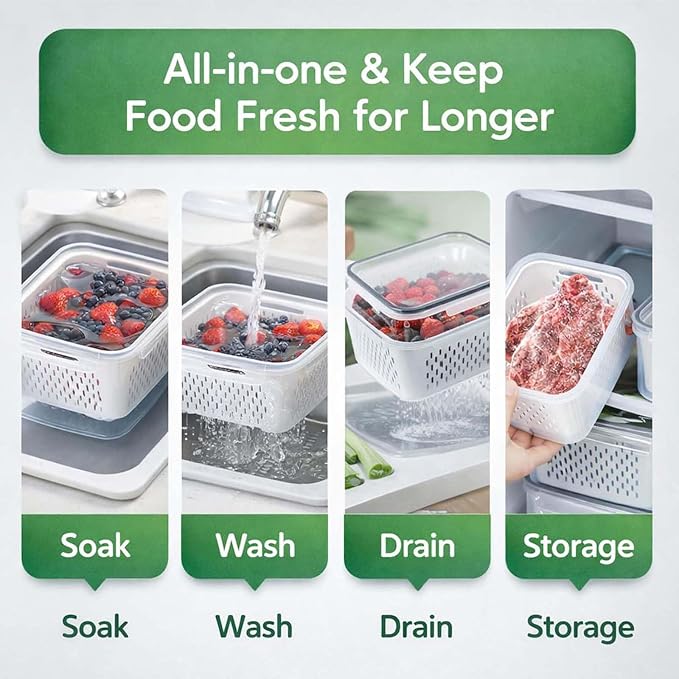 4-in-1 Produce Saver Containers - Fresh Berry Keeper with Removable Colander & Airtight Lid - Stackable Fruit and Vegetable Fridge Organizer Bins - BPA-Free Plastic Food Storage (2pcs) - Image 3
