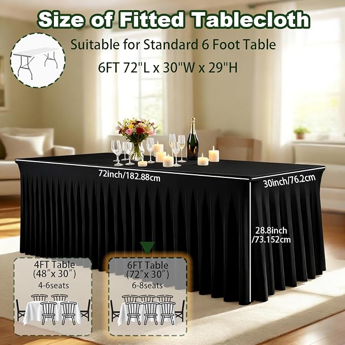 3 Pack Black Spandex Table Clothes for 6 Foot Rectangle Tables, Fitted Stretch Spandex Table Cover 6ft Black Tablecloths with Desk Skirt for Weddings Birthday Parties Banquet Baby Shower - Image 3