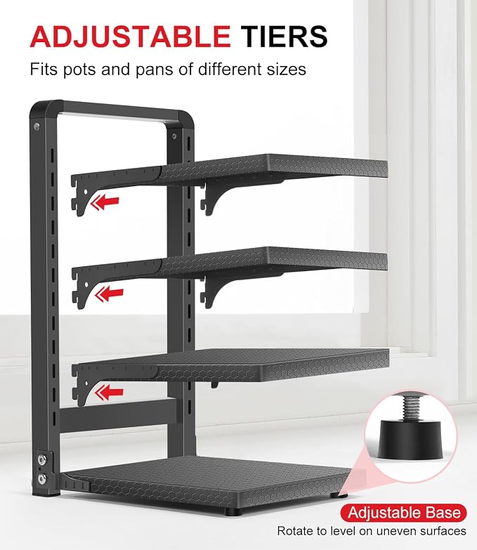 Pots and Pans Organizer under Cabinet, Heavy Duty Pan Organizers for Cabinet & Counter, 4 Tier Adjustable Pan & Pot Rack for Kitchen Cabinet Organizers and Storage - Image 4