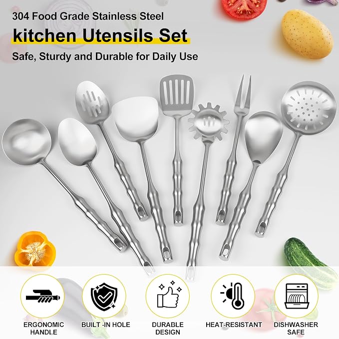 18 10 Stainless Steel Cooking Utensils Set,9pcs Kitchen Utensil Sets Metal 14 inch Long Heavy Duty Kitchen Tools Dishwasher Safe, Include Spatula Soup Ladle, Slotted Skimmer Spoon, Spaghetti - Image 4
