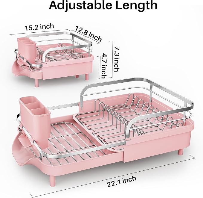 SNTD Expandable Dish Drying Rack for Kitchen Counter, 15.2-22.1 in, Pink - Image 2