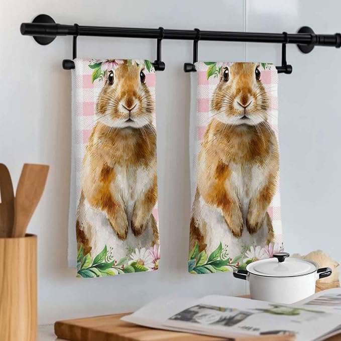 Easter Kitchen Towels Set of 1 Rabbits Daisy Watercolor Plants Spring Pink Plaid Decorative Dish Towels Ultra Soft Microfiber Absorbent Reusable Dishcloths for Kitchen Drying, 18x28 Inch - Image 9