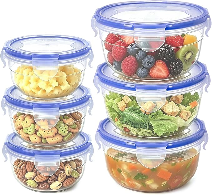 KIGI Small Round Food Storage Containers, 2.5 Cup / 1.25 cup, 6 Pack | Leak-Proof Plastic Bowls with Airtight Lid, BPA Free, Ideal for Soup, Snack, Fruit, Meal Prep & Lunch, 4 Sided Locking Lid by KIGI