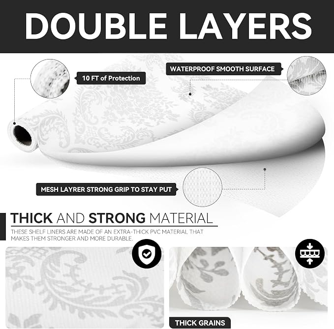 RAY STAR 12" x 10 Ft Shelf Liner for Kitchen Cabinets, Non-Adhesive Cabinet Liner Washable, Drawer Liner for Dresser Non-Slip Bathroom [Pearl Damask](2 Rolls) - Image 5