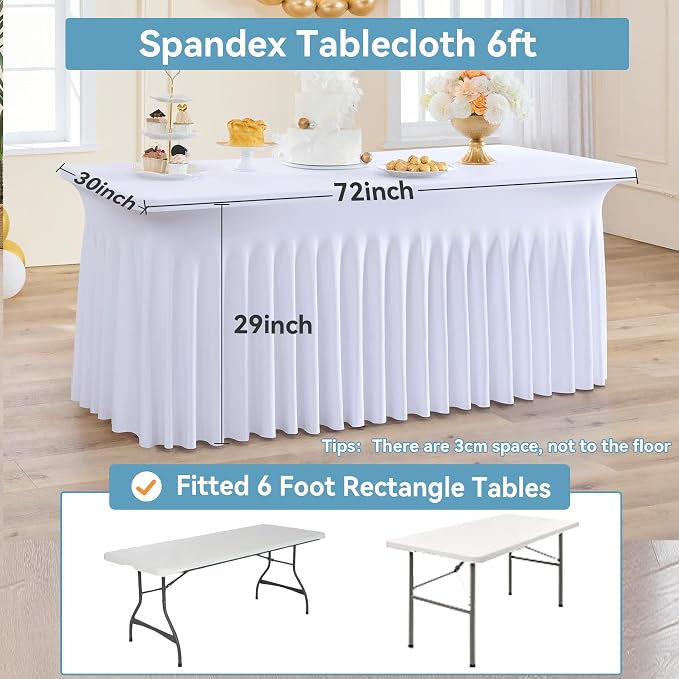 NSSONBEN 4 Pack White Spandex Tablecloth 6ft, Wrinkle Free High Stretch Fitted Tablecloths for 6 Foot Rectangle Tables, Elastic Spandex Table Covers 6ft with Pleats Skirt for Party Wedding Banquet - Image 6