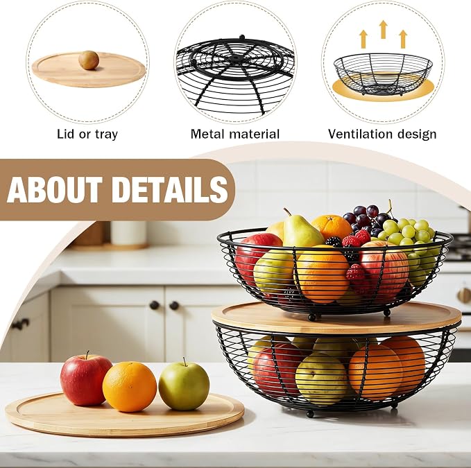2 Set Stackable Fruit Basket with Bamboo Lid 11.5 &10.5 Inch Black Metal Wire Large Fruit Bowl for Kitchen Counter Pantry Organizer and Storage for Veggie, Snacks - Image 3