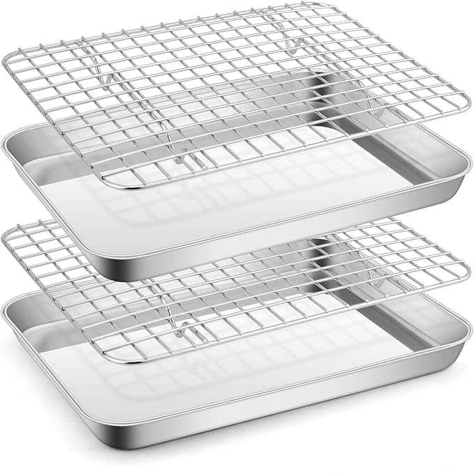 Small Stainless Steel Baking Sheet with Rack Set, E-far 9.4”x7.3” Cookie Sheet Broiling Pan for Toaster Oven, Rimmed Metal Tray with Wire Rack for Cooking/Baking/Cooling, Non-toxic & Dishwasher Safe by E-far