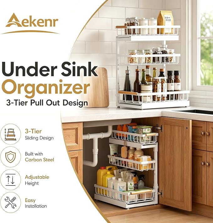 Under Sink Organizer and Storage for Bathroom and Kitchen - 2 Pack 3 Tier - Image 2