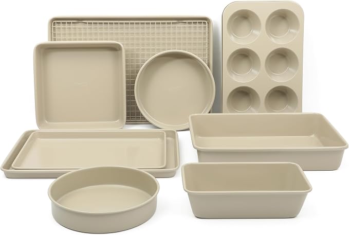 Martha Stewart Gallen 10 Piece Baking Pans Ceramic PFA Free Non Toxic Non Stick Bakeware Set - Taupe by MarthaStewart