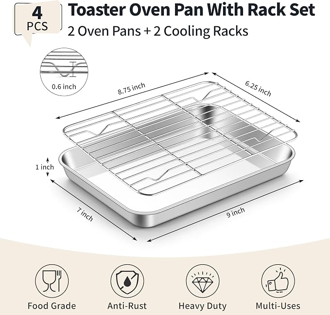 TeamFar Stainless Steel Toaster Oven Pan with Rack Set, 9"x7"x1" | 2 Pans + 2 Racks, Toaster Oven Baking Pan Tray with Cooling Rack for Cooking, Non-Toxic & Rust Proof, Dishwasher Safe - Image 2
