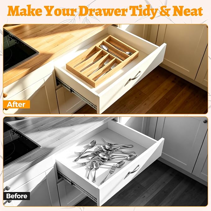 Bamboo Silverware Drawer Organizer, 6 Slots Kitchen Drawer Tray | Bamboo Kitchen Drawer Cutlery Organizer, Utensil Holder, Flatware Organizer Tray (9.5"x15.7"x1.7"), Natural - Image 4