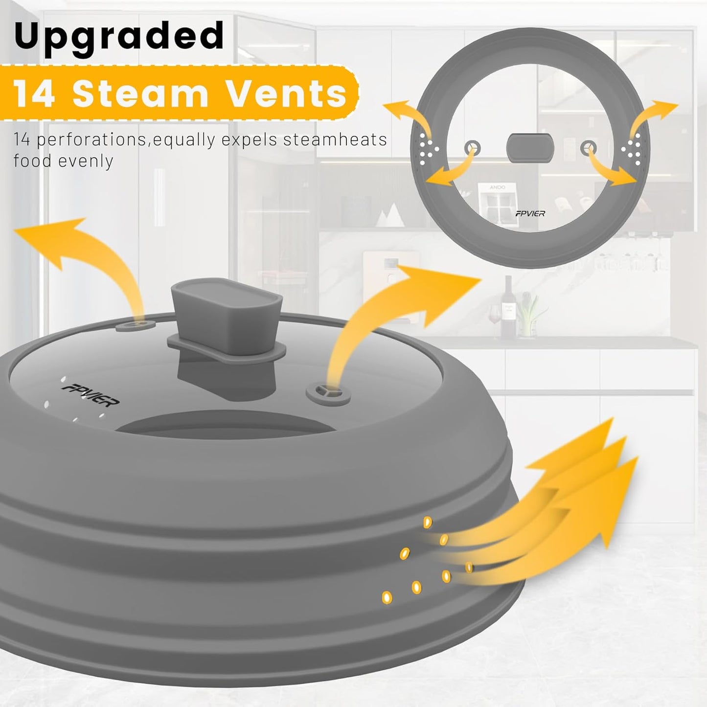 Microwave Splatter Cover, Vented Silicone and Glass Cover Splatter Guard Lid, Food Collapsible Plate Cover Lid with Easy Grip Handle. (Gray, 9 inch)