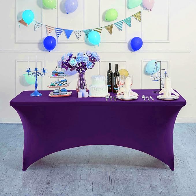MDS® Pack of 12 Spandex Tablecloth 8FT Tight Fitted Stretch Table Cover – Washable Wrinkle-Free Reusable Elastic Patio Tablecloth for Wedding, Party, Banquet, Trade Show, Event Décor - Cadbury Purple - Image 3