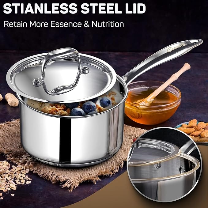 Ciwete 2 Quart Sauce Pan with Lid, Tri Ply Stainless Steel Saucepan 2 Qt with Stainless Steel Lid, 2 Measuring Lines, Upgraded Packaging, Cool Ergonomic Handle, Dishwasher & Oven Safe - Image 6