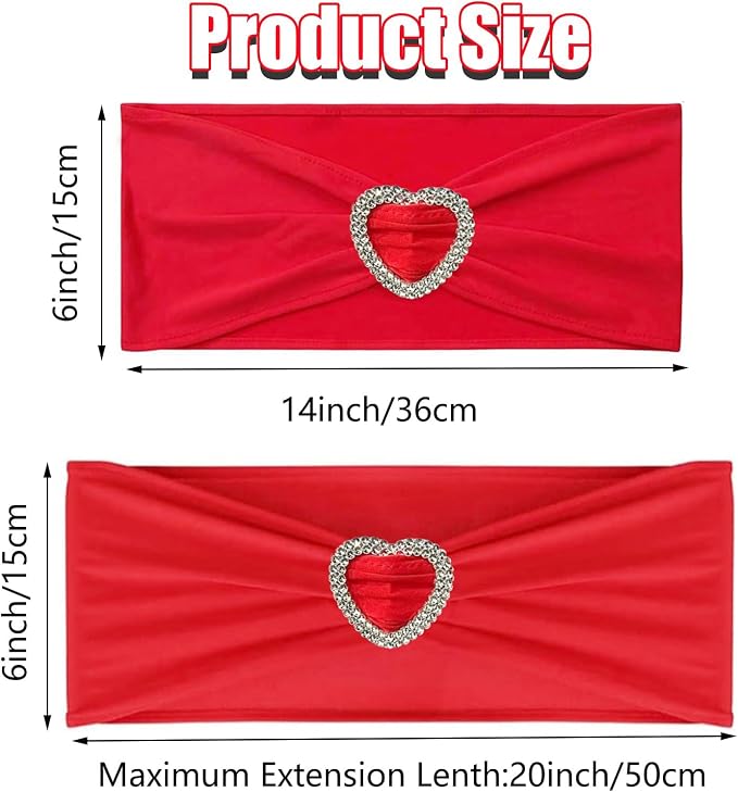 Red Chair Sashes for Wedding 25 Pack Spandex Red Sashes for Chairs Covers Stretch Chair Sashes Band with Heart Buckle Slider Universal Wedding Sasehs Bows for Banquet Party Decorations - Image 2