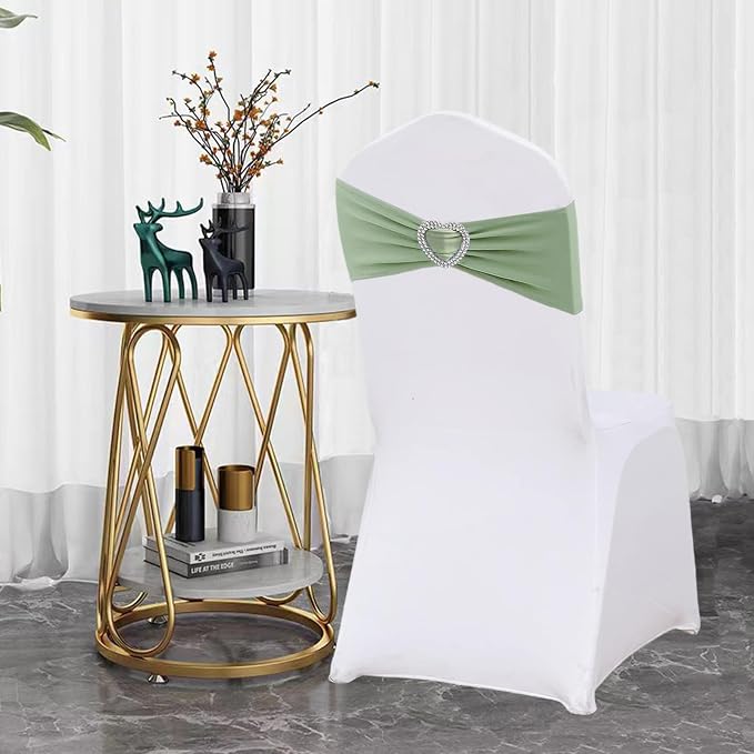 Sage Green Chair Sashes 100 Pack Spandex Sage Sashes for Chairs Covers Stretch Chair Sashes Band with Heart Buckle Slider for Wedding Banquet Party Decorations - Image 3