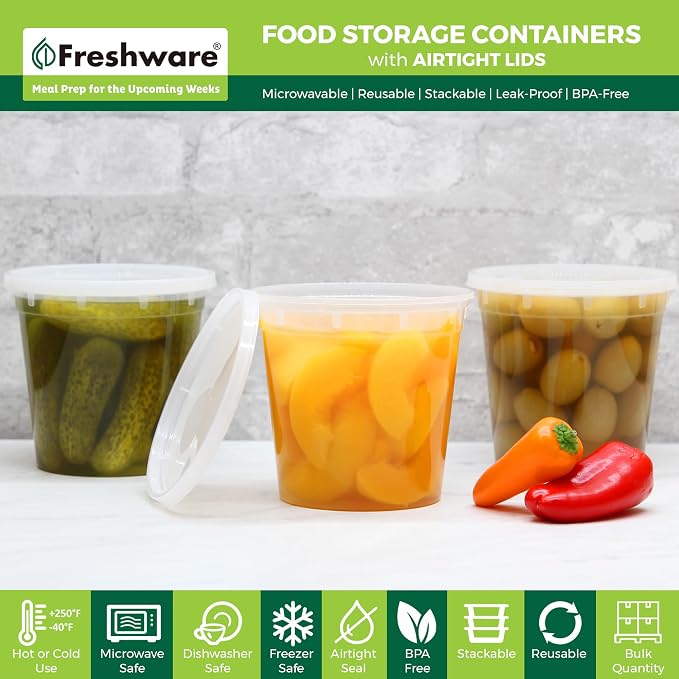 Freshware Food Storage Containers 24 oz Plastic Deli Containers with Lids, Slime, Soup, Meal Prep Containers, BPA Free, Stackable, Leakproof, Microwave/Dishwasher/Freezer Safe, 48 count (pack of 1) - Image 2