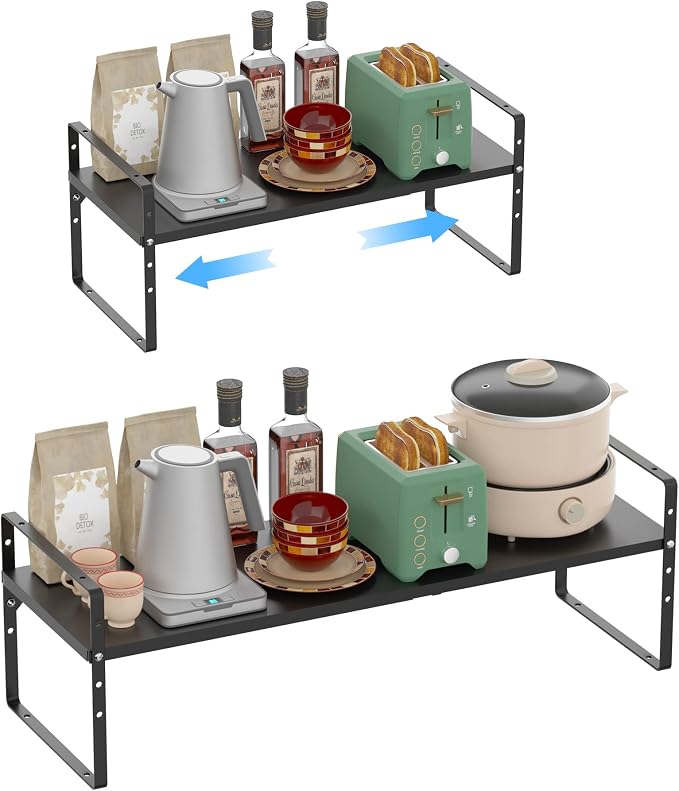 iPEGTOP Expandable Cabinet Storage Shelf Organizer Rack, Heavy Duty Cupboard Stand Spice Rack Adjustable Height Pantry Garage Shelf Space Riser for Counter Kitchen Organization, Black, 1 Pack - Image 3