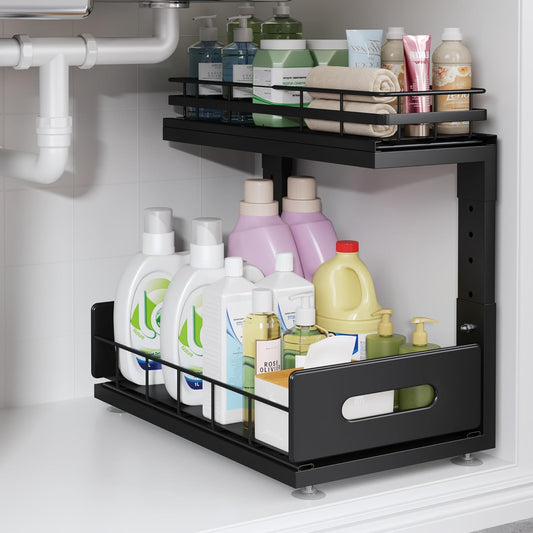 1 Pack Under Sink Organizer Upgrade To Professional Rails,2-Tier Dual Pull Out Cabinet Storage,Height Adjustable Slide Out Drawers For Bathroom Kitchen,Under Sink Shelf-Black
