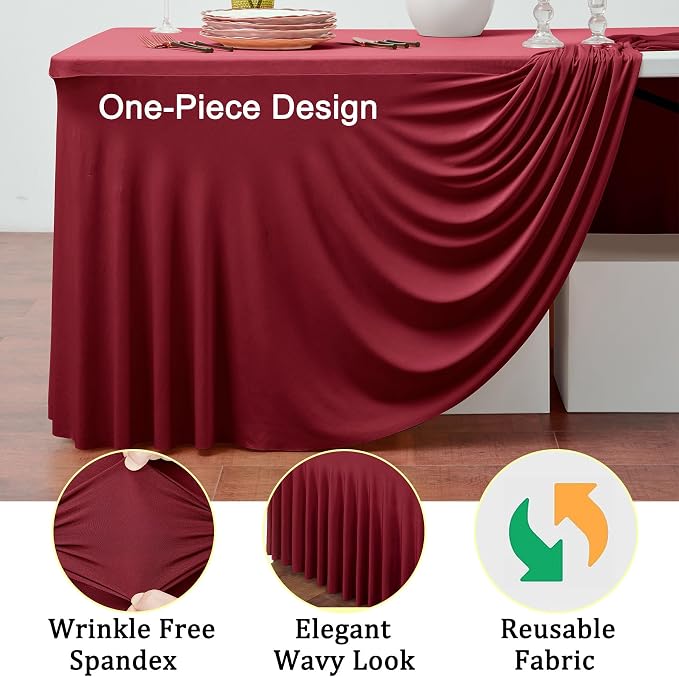 Spandex Burgundy Table Clothes for 8 Foot Rectangle Tables, Wrinkle Free Fitted Tablecloth Cover 8ft Maroon Stretchy Tablecloths Desk Skirt for Parties Weddings Birthday Banquet Baby Shower - Image 3