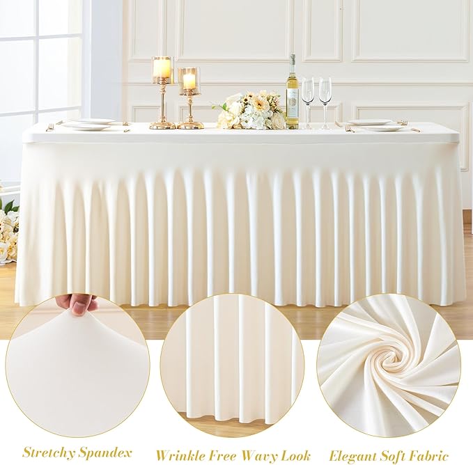 gogoparti 8 Pack Spandex Ivory Fitted Table Cloth for 6ft Rectangle Tables Ivory Stretch Tablecloth Banquet Table Covers Skirt Wrinkle Free Tablecloths for Parties Wedding - Image 5
