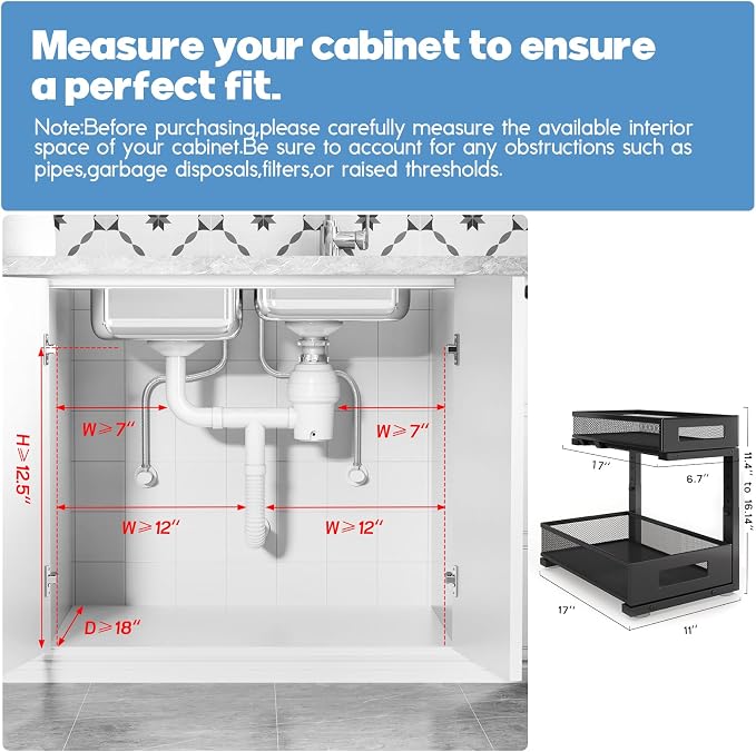 2 Pack 17IN Depth Under Sink Storage Organizer, Large 2-Tier Elegant Mesh Pull Out Shelf for Kitchen and Bathroom Cabinet Organization, L-Shaped and Adjustable Height Design-Black - Image 2