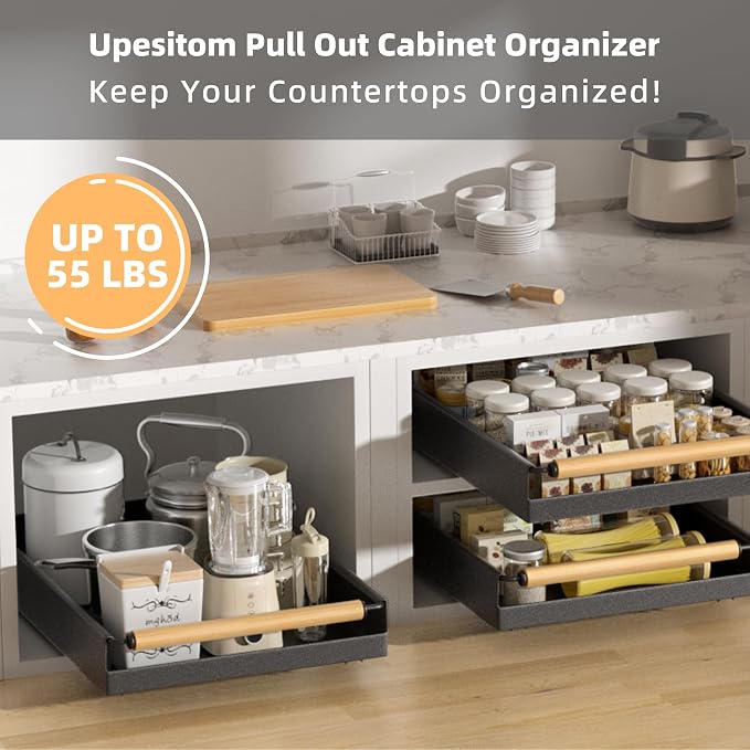 Pull Out Cabinet Organizer, 15.3'' Deep Expandable Slide Out Cabinet Organizer Fixed with Adhesive Nano Film, Slide Out Drawers Pull Out Tray for Cabinet in Kitchen, Pantry, Bathroom, Black - Image 4