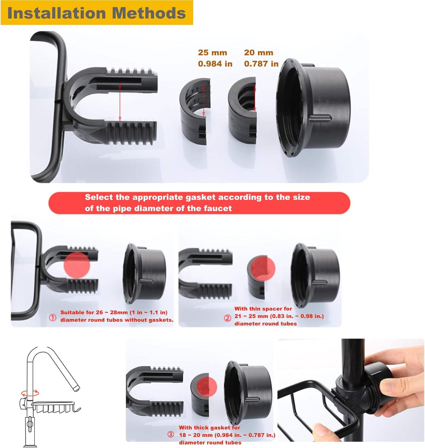 Sink Organizer Rack for Kitchen and Bathroom, 2024 New Stainless Steel Detachable Hanging Faucet Drain Rack with Drip Tray Faucet Sponge Holder for Bathroom, Scrubbers, Soap (Black, Left)