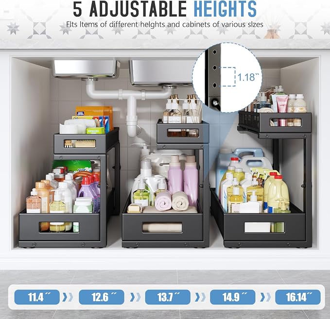 1 Pack 20.47IN Depth Under Sink Storage Organizer, Large 2-Tier Elegant Mesh Pull Out Shelf for Kitchen and Bathroom Cabinet Organization, L-Shaped and Adjustable Height Design-Black - Image 5