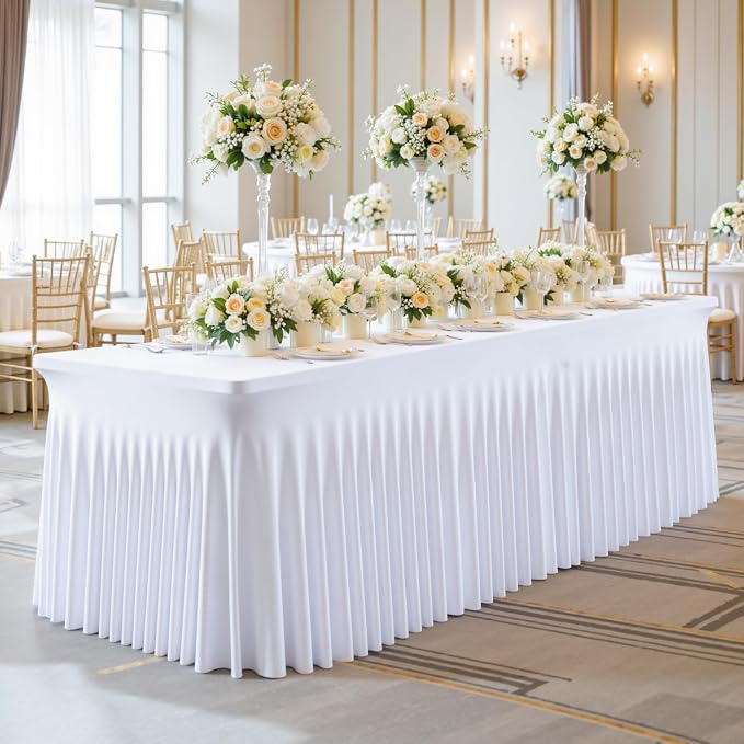 gogoparti 4 Pack Spandex White Fitted Table Cloth for 8ft Rectangle Tables White Stretch Tablecloth Table Covers Skirt Banquet Wrinkle Free Tablecloths for Parties Wedding - Image 9