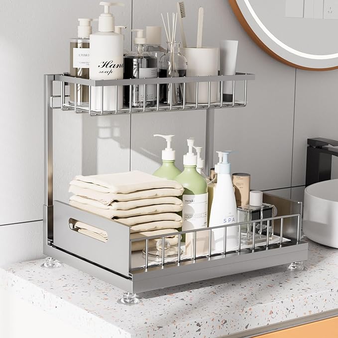 Saydear L-Shaped Under Sink Organizer, 2-Tier Pull-out Cabinet Rack 1-Pack - Image 3