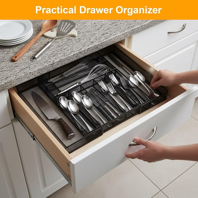 1 Pcs Utensil Drawer Silverware Organizer, Metal Mesh Expandable 13" ~24" Kitchen Drawer Organizer, 7-9 Slots Cutlery Tray Dividers for Kitchen Flatware Christmas Housewarming Gift (Black) - Image 5