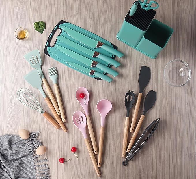 19 Pcs Kitchen Cooking Utensils and Knife Set with Block, with 11 Piece Silicone Cooking Utensils Set 5 Pcs Sharp Stainless Steel Chef Knives Scissors Whisk Tongs and Cutting Board (Cherry Pink) - Image 3