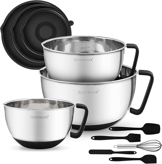 Rorence Stainless Steel Mixing Bowls: Metal Mixing Bowl Set with Lids and Handles Non-slip Silicone Bottom Nesting Bowls for Kitchen Set of 3 - Black by Rorence
