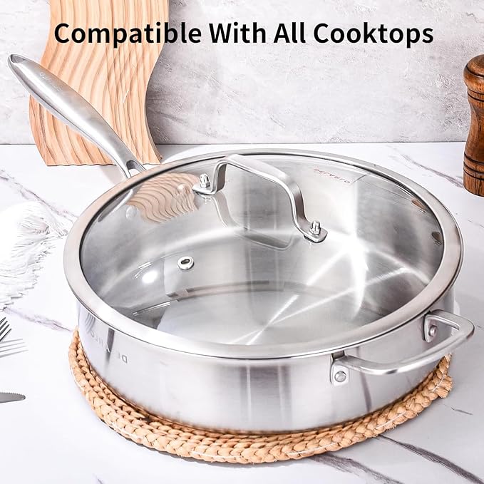 DELARLO Tri-Ply Stainless Steel 7QT Jumbo Cooker Saute Pan With Lid, 12.5 Inch Deep Frying Pan, Induction Large Skillet, Cooker Pan for Chefs, Dishwasher & Oven Safe - Image 5