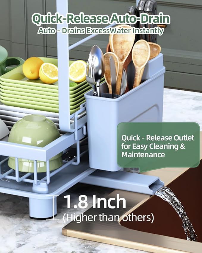 2-Tier Dish Drying Rack for Kitchen Counter, Space-Saving, Blue - Image 5