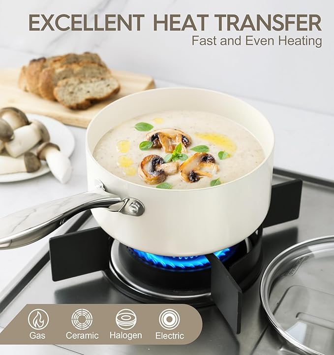 MICHELANGELO Sauce Pan Sets - Ceramic Sauce Pan with Lid, Nonstick Saucepan Set, 1Qt & 2Qt & 3 Qt Small Pots for Cooking, Non-Toxic Sauce Pot, White - Image 4