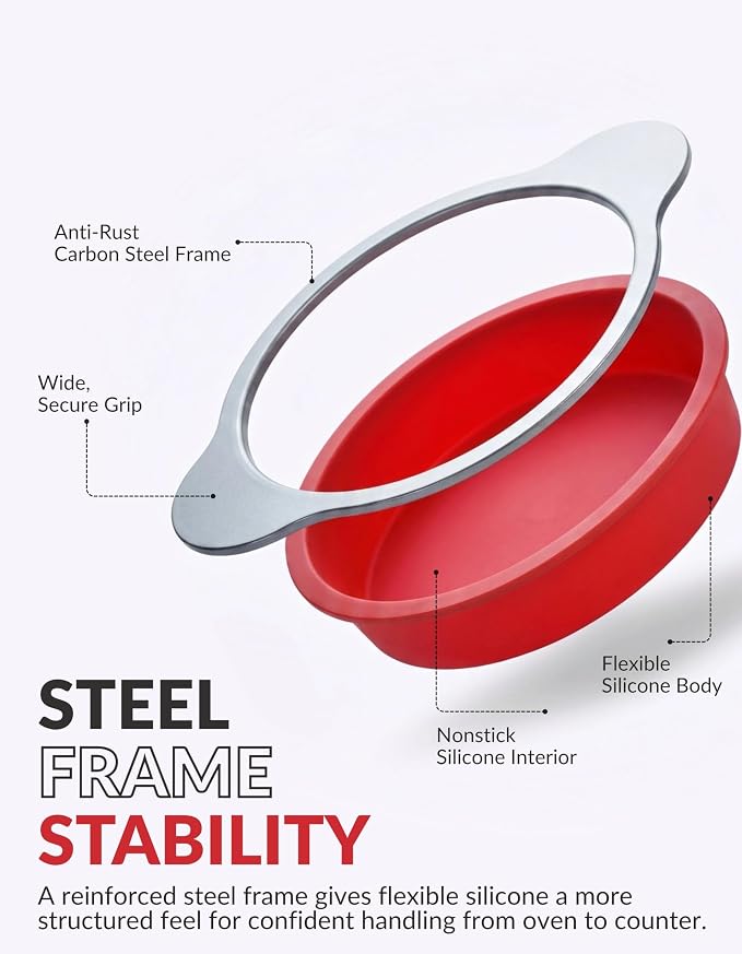Boxiki Kitchen 9 Inch Non-Stick Silicone Round Cake Pan with Steel Frame Handles - Perfect for Baking Delicious Round Cakes - Image 3