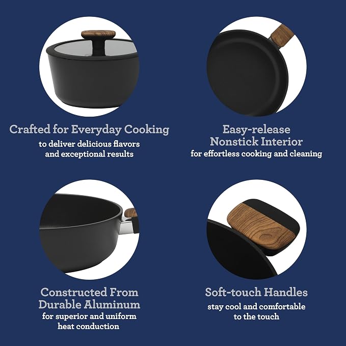 Oster Platinum Oxburg 14 Piece Forged Aluminum PFA Free Non-toxic Premium Ceramic Non Stick Interior Cookware & Kitchen Tools Set - Black w/Wood Handles - Image 5