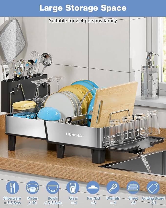 304 Stainless Steel Expandable Dish Drying Rack with Drain Spout, Black - Image 5