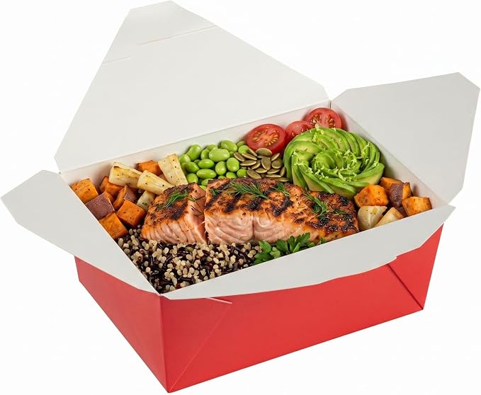Restaurantware Bio Tek 98 Ounce Take Out Boxes 200 To Go Lunch Boxes - Tab-Lock Closure Heat-Tolerant Red Paper Disposable Lunch Boxes Greaseproof For Hot And Cold Foods by Restaurantware