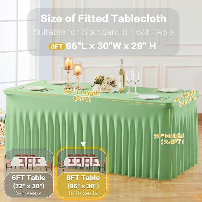 gogoparti 4 Pack Spandex Sage Green Fitted Table Cloth for 8ft Rectangle Tables Sage Green Stretch Tablecloth Table Covers Skirt Banquet Wrinkle Free Tablecloths for Parties Wedding - Image 5