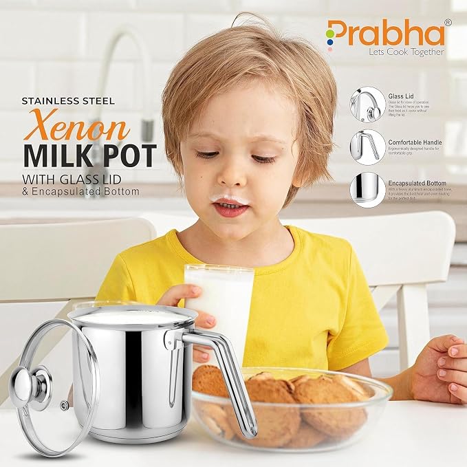 Prabha Stainless Steel Milk Pot with Handle 17cm 2.5 Litre | Milk Boiler Glass Lid Steam Vent | Kitchen Tea Container Water Boiling | Coffee/Milk Warmer, Even & Faster Heating | Induction & Gas Stove - Image 8