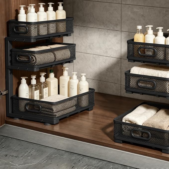 2 Pack 3 Tier Under Sink Organizer with Pull Out Drawer, Height Adjustable Heavy Duty Metal Under Cabinet Organizer, Smooth Sliding Storage Shelf for Kitchen, Bathroom Cabinet Organization, Black - Image 5