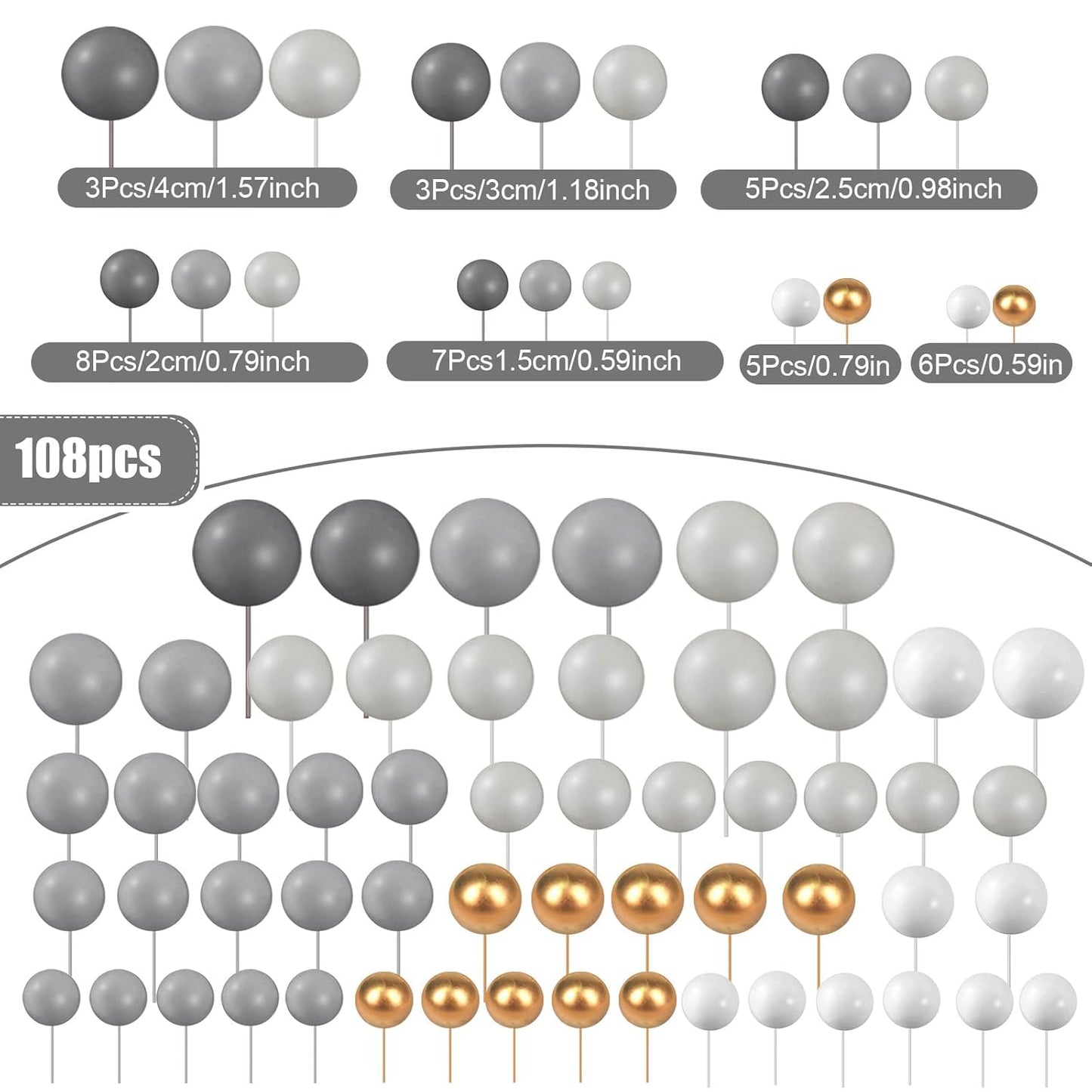 108 Pcs Balls Cake Topper DIY Cupcake Insert Foam Balloons for Cake Baking Wedding Anniversary Birthday Decoration(Dark Gray, Gray, Light Gray,Multi Sizes)