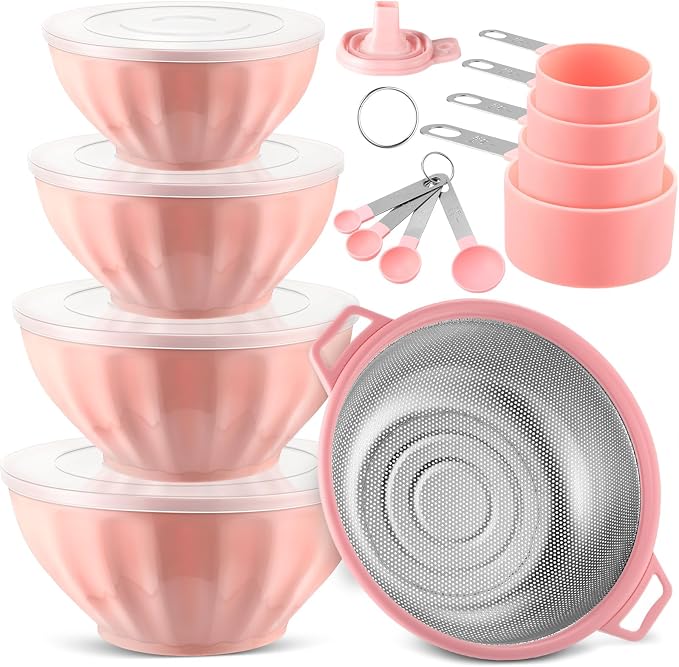 Ziliny 4 Pcs Mixing Bowls with Lids Plastic Nesting Bowls Set with Stainless Steel Colander 8 Pcs Measuring Cups and Spoons Set and Foldable Kitchen Funnel for Kitchen Cooking Accessories (Pink) by Ziliny
